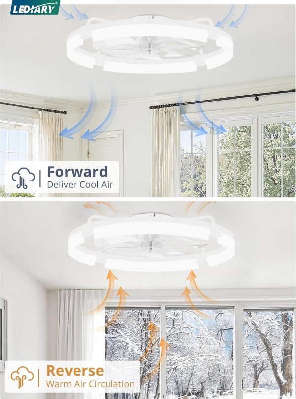 windphoto 24" Ceiling Fans with Lights, Low Profile Fandelier for Bedroom | Flush Mount Fan Light, Stepless Dimmable, App/Remote Control, 3 CCT Led, 6 Speeds, Quiet Reversible DC Motor, White