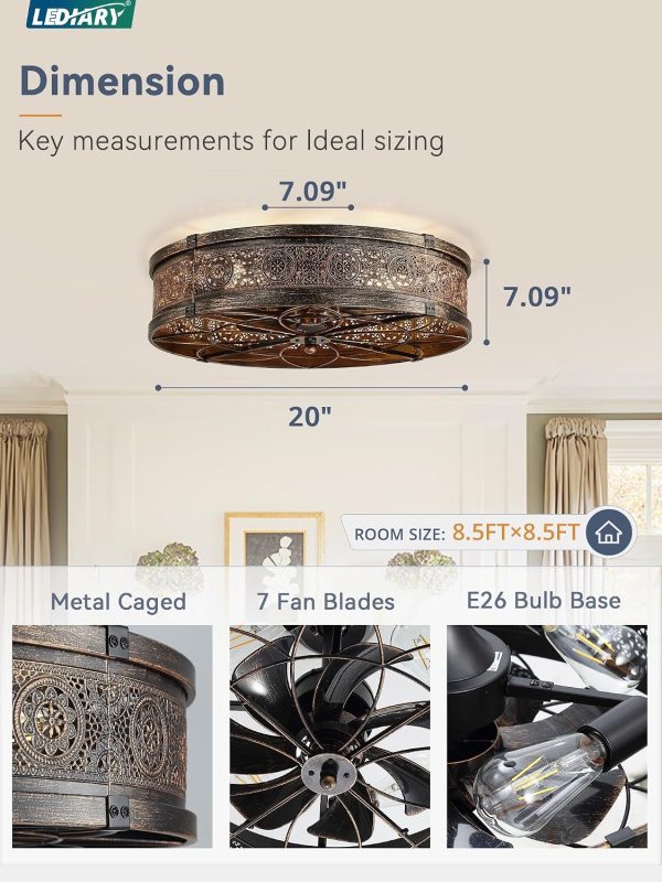81wN3sCmiL._AC_SL1500_.jpg windphoto 20" Caged Farmhouse Ceiling Fan and Light with Remote, Black Gold | Flush Mount, Bladeless Enclosed Fandelier, 6 Speed, Quiet Powerful DC, Rustic,Vintage, Rustic, Small, Bedroom, Kitchen