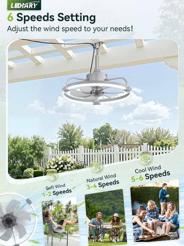 windphoto 20" Waterproof Grey Outdoor Ceiling Fan with Light for Gazebo | IP65 Wet Rated,APP Control,6-Speeds,3CCT Dimmable,Reverse DC Motor,Suitable for 10' x 12' Area,Plug In for Patio,Porch