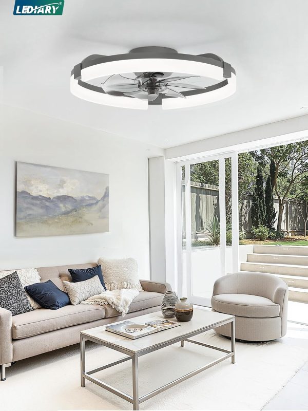 windphoto 20" Ceiling Fans with Lights, Low Profile Fandelier for Bedroom | Flush Mount Fan Light, Stepless Dimmable, App/Remote Control, 3 CCT Led, 6 Speeds, Quiet Reversible DC Motor, Grey