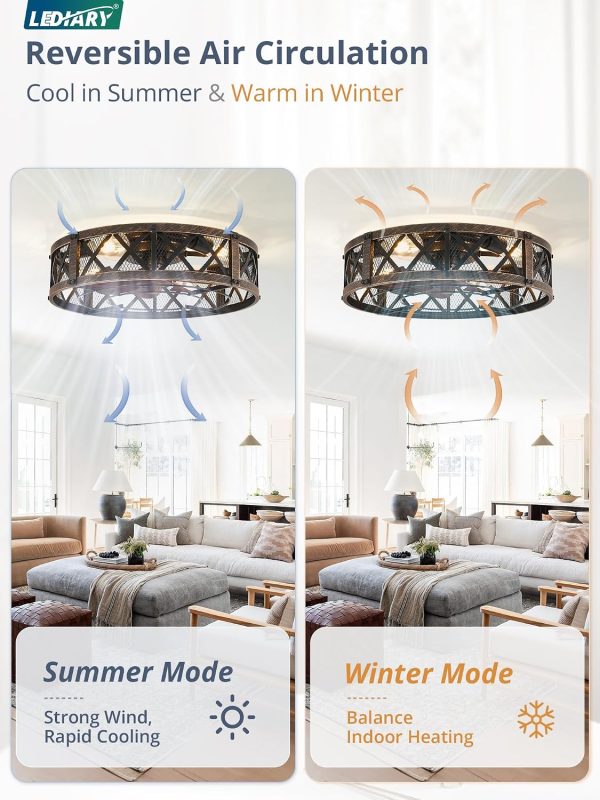 81wudT2OH4L._AC_SL1500_.jpg windphoto 20" Caged Farmhouse Ceiling Fan with Light, Flush Mount, Black Gold | Remote&APP Control, Small Low Profile, Rustic Fandaliers, Industrial Bladeless Enclosed, Powerful Motor for Bedroom, Kitchen