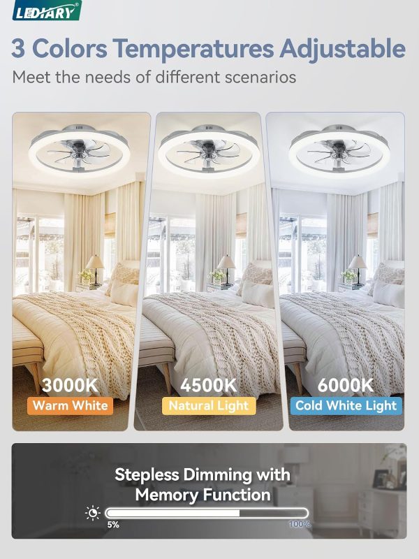 windphoto 20" Ceiling Fans with Lights and Remote for Bedroom, Grey | Low Profile Fan Light, 3000K-6000K Stepless Dimmable Fandelier, 6 Speed, Reversible DC Motor, APP & Remote Control, Low Noice