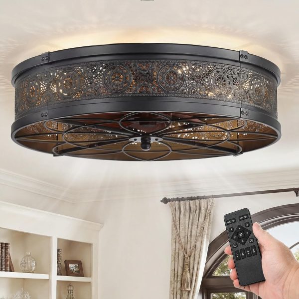 windphoto 20" Caged Farmhouse Ceiling Fan and Light with Remote, Black | Flush Mount, Bladeless Enclosed Fandelier, 6 Speed, Quiet Powerful DC, Rustic,Vintage, Rustic, Small, Bedroom, Kitchen