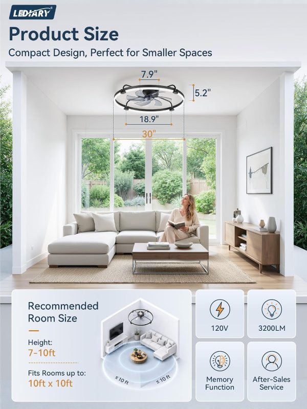 windphoto 30" Low Profile Ceiling Fans with Lights, Remote/APP Control, Black | Wider Airflow, Stepless Dimmable LED, Quiet Reversible DC Motor, 6 Speeds, 3CCT, Timer, Bedroom, Living Room, Kitchen