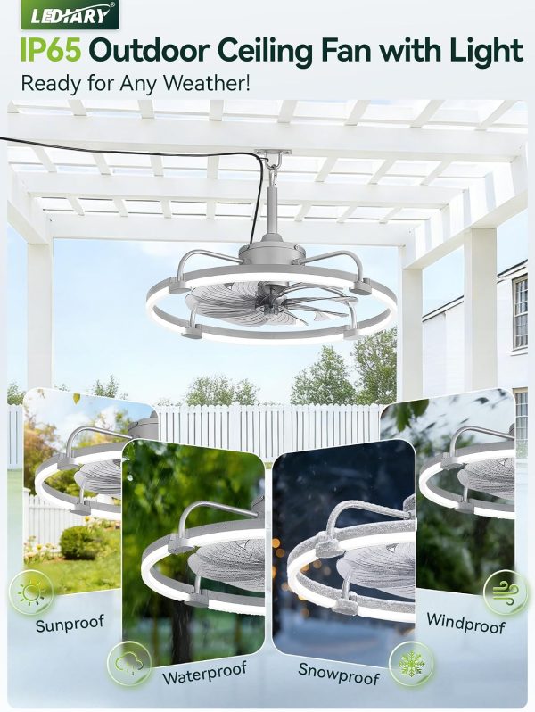 windphoto 24" Waterproof Grey Outdoor Ceiling Fan with Light for Gazebo | IP65 Wet Rated,APP Control,6-Speeds,3CCT Dimmable,Reverse DC Motor,Suitable for 12' x 14' Area,Plug In for Patio,Porch