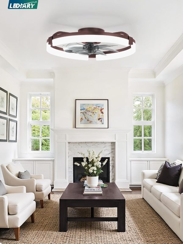 windphoto 20" Ceiling Fans with Lights, Low Profile Fandelier for Bedroom | Flush Mount Fan Light, Stepless Dimmable, App/Remote Control, 3 CCT Led, 6 Speeds, Quiet Reversible DC Motor, Brown