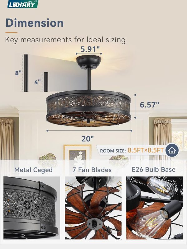 windphoto 20" Caged Farmhouse Victorian Ceiling Fan with Light, Black | Downrod, Bladeless Enclosed Fandelier, 6 Speed, Quiet Powerful DC, Rustic,Vintage, Rustic, Small, Bedroom, Kitchen
