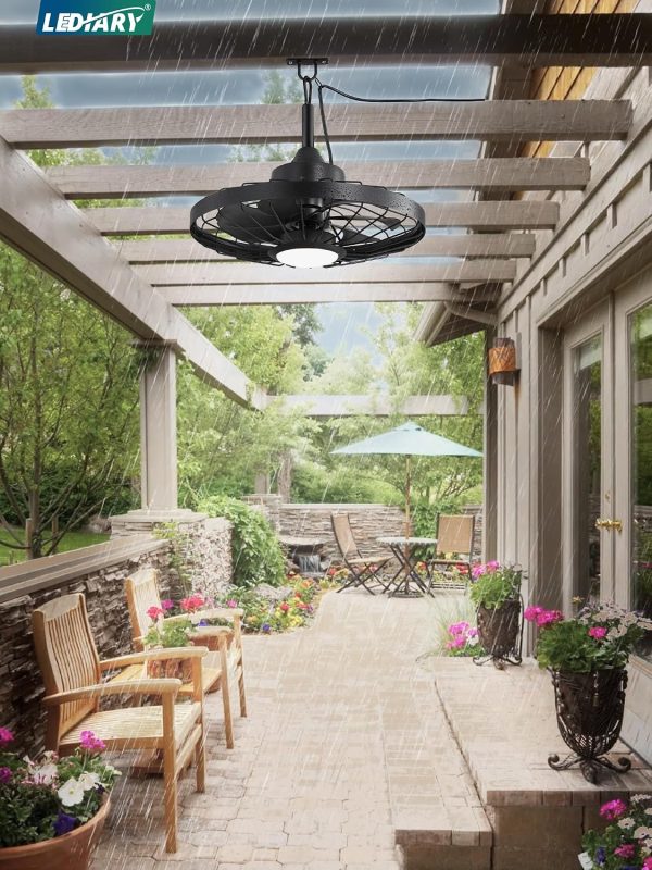 windphoto 20" Outdoor IP65 Waterproof Plug in Ceiling Fan with Lights | 6 Speeds,3CCT,Quiet,Timer,Remote Control,Smart App,DC motor,Reversible,Caged Design,ABS Material,Gazebo,Patio,Porch,Pergola