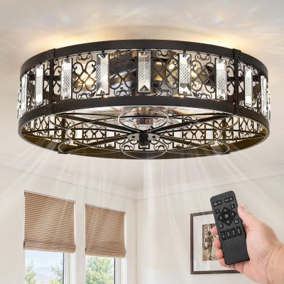 windphoto 20" Caged Flush Mount Vintage Ceiling Fan and Remote, Black | Low Profile, Bladeless Enclosed Fandelier, 6 Speed, Quiet Reversible DC, Rustic, Victorian, Rustic, Crystal, Bedroom, Kitchen