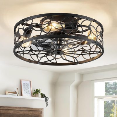 windphoto Caged Ceiling Fan with Light, Flush Mount Fandalier with Remote | Low Profile, Farmhouse Small, Bladeless Industrial, Quiet DC Motor, App Control for Bedroom, Kitchen, Dining Room, Black