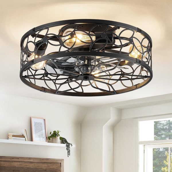 81z9lv6a0oL._AC_SL1500_.jpg windphoto Caged Ceiling Fan with Light, Flush Mount Fandalier with Remote | Low Profile, Farmhouse Small, Bladeless Industrial, Quiet DC Motor, App Control for Bedroom, Kitchen, Dining Room, Black