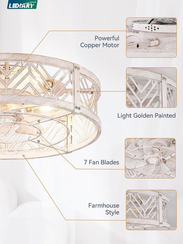81zAkHZSRiL._AC_SL1500_.jpg windphoto Walnut+White Gold Color Caged Ceiling Fans with Lights, White Flush Mount Ceiling Fan with Remote, Small Low Profile Bladeless Ceiling Fan Light Fixture for Bedroom, Kitchen, Dining Room