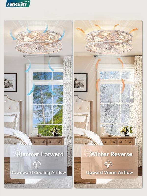 windphoto Caged Ceiling Fan with Light, Flush Mount Fandalier with Remote | Low Profile, Farmhouse Small, Bladeless Industrial, Quiet DC Motor, App Control for Bedroom, Kitchen, Dining Room, White Gold