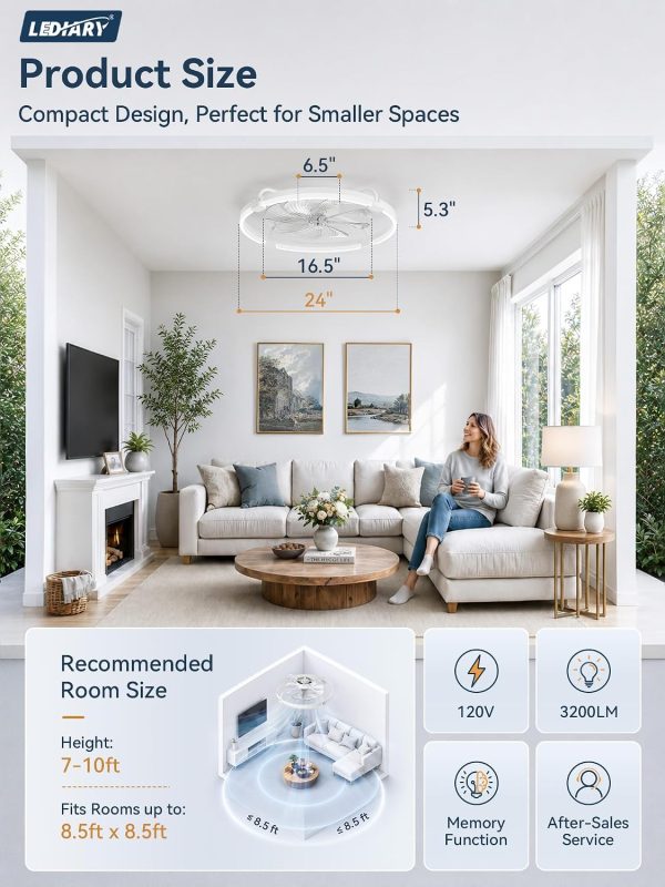 windphoto 24" Low Profile Ceiling Fans with Lights, Remote/APP Control, White | Wider Airflow, Stepless Dimmable LED, Quiet Reversible DC Motor, 6 Speeds, 3CCT, Timer, Bedroom, Living Room, Kitchen