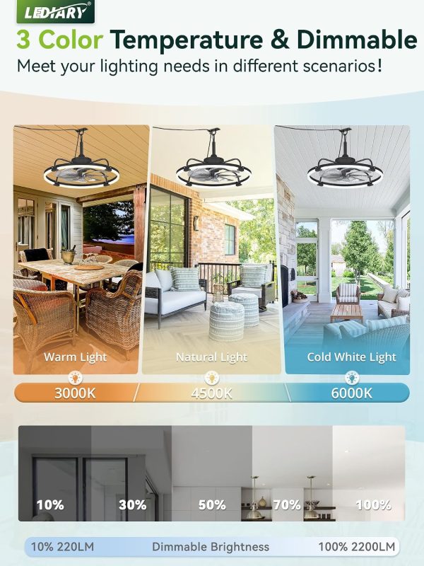 windphoto 24" Waterproof Black Outdoor Ceiling Fan with Light for Gazebo | IP65 Wet Rated,APP Control,6-Speeds,3CCT Dimmable,Reverse DC Motor,Suitable for 12' x 14' Area,Plug In for Patio,Porch