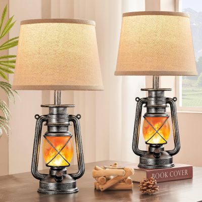 9153HFytyAL._AC_SL1500_.jpg windphoto 18.72" Sliver LED Lantern Flickering Flame Table Lamps Set of 2 | Small Farmhouse Vintage End Table Lamps, Western Halloween Decor, Rustic Lantern Bedside Lamps, for Living Room Bedroom