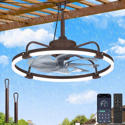 windphoto 24" Waterproof Brown Outdoor Ceiling Fan with Light for Gazebo | IP65 Wet Rated,APP Control,6-Speeds,3CCT Dimmable,Reverse DC Motor,Suitable for 12' x 14' Area,Plug In for Patio,Porch