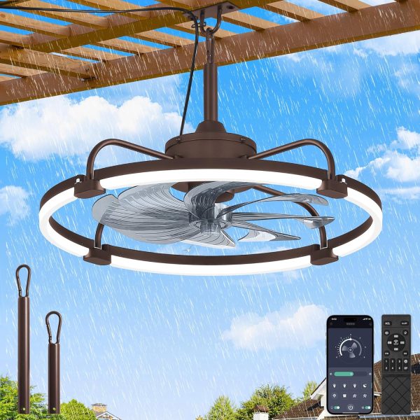 windphoto 24" Waterproof Brown Outdoor Ceiling Fan with Light for Gazebo | IP65 Wet Rated,APP Control,6-Speeds,3CCT Dimmable,Reverse DC Motor,Suitable for 12' x 14' Area,Plug In for Patio,Porch