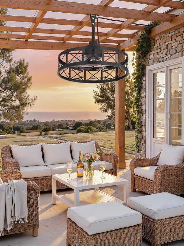 91BV6VQCAzL._AC_SL1500_.jpg windphoto 22" Outdoor Ceiling Fan No Light, Wet Rated Gazebo Fan | IP65 Waterproof Plug in Outdoor Fan, 4Timer, 6-Speed Reversible Motor, Hanging Caged Ceiling Fan for Porch, Pergola